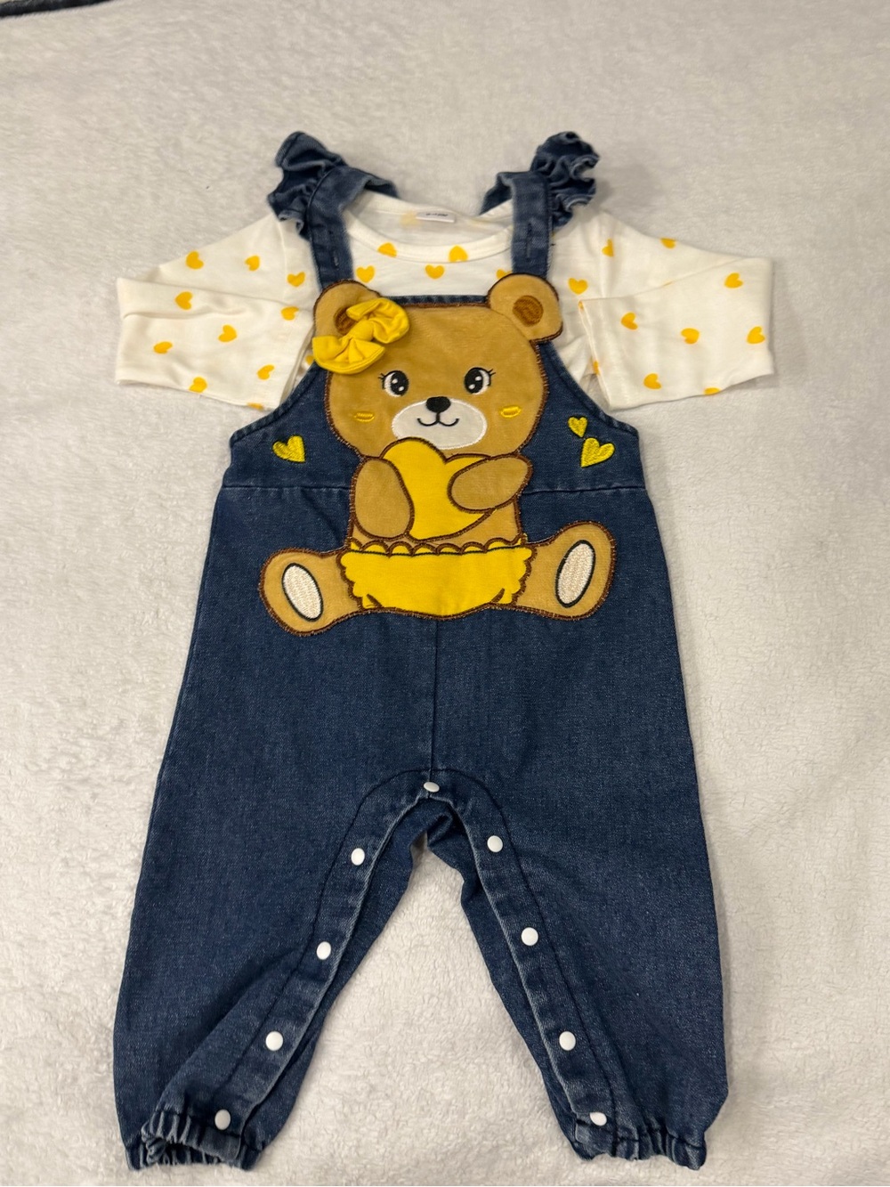 Cute Bear Denim Overalls for Kids with Yellow Heart Tee